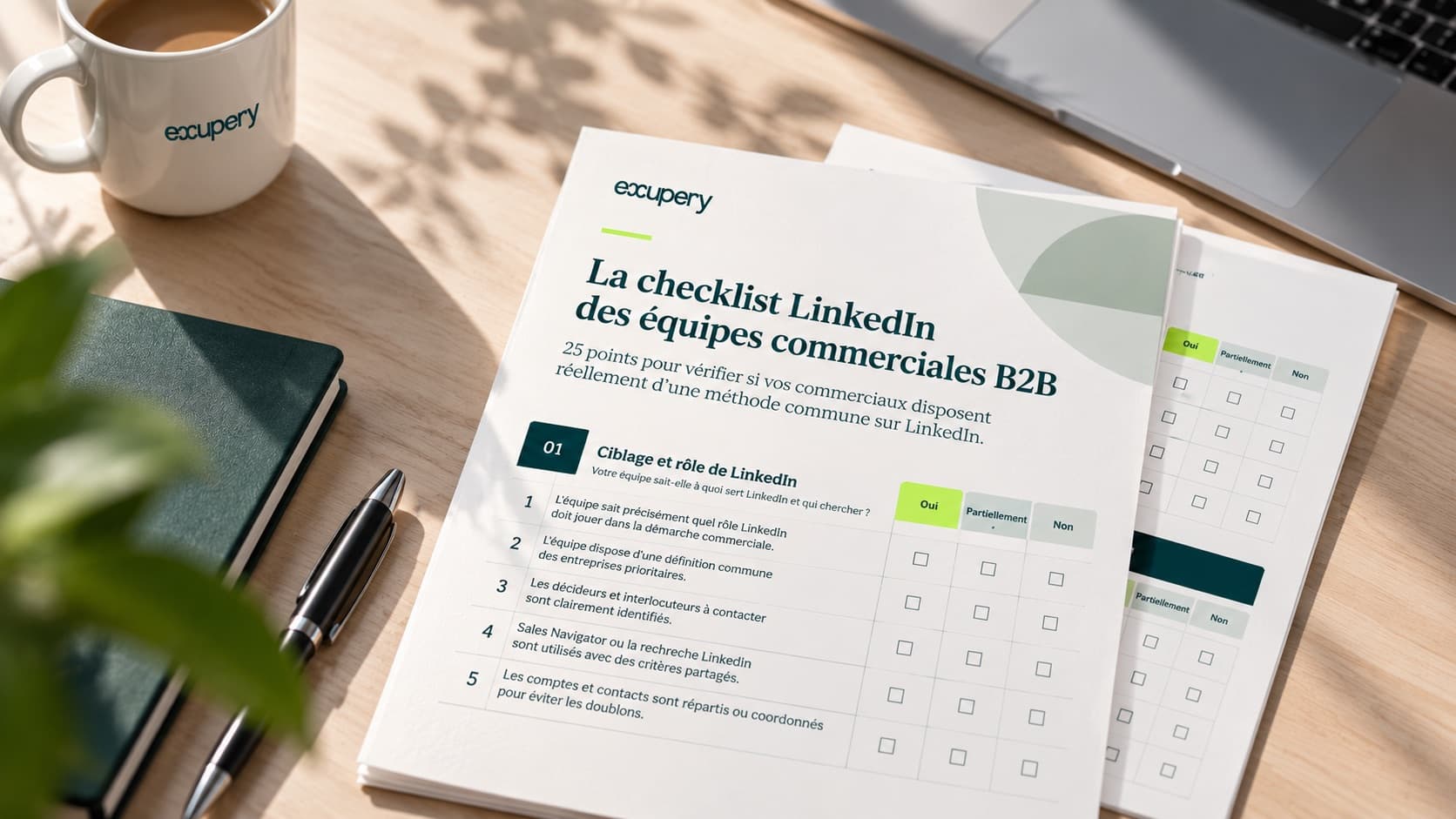 Checklist LinkedIn des équipes commerciales B2B : 25 points à cocher, répartis en cinq dimensions
