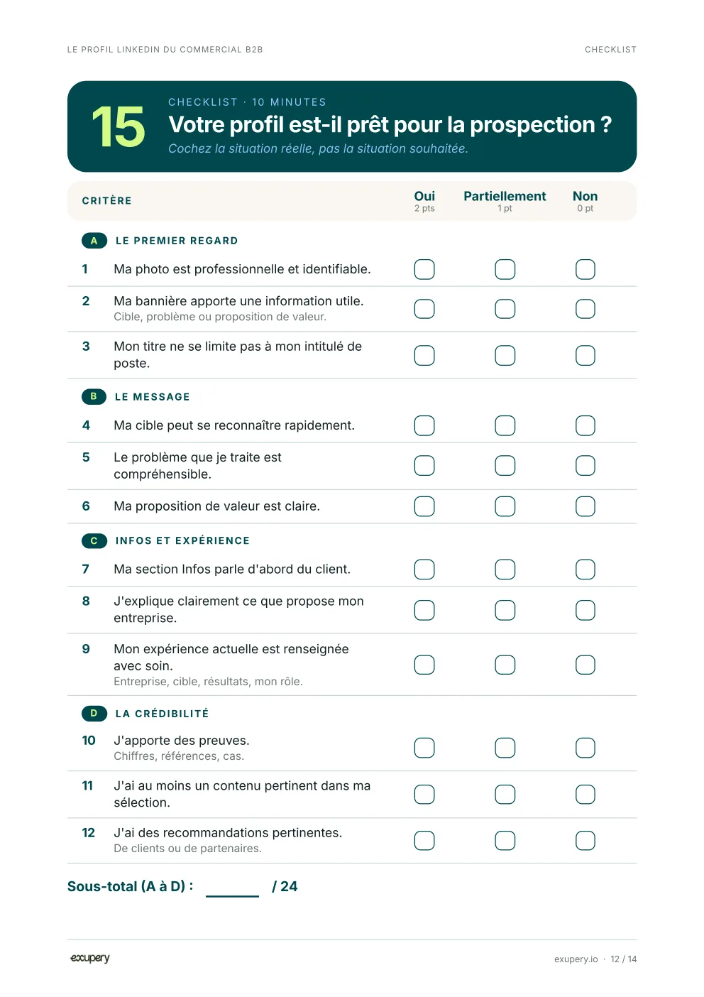 Page du guide : la checklist de 15 critères avec le score sur 30