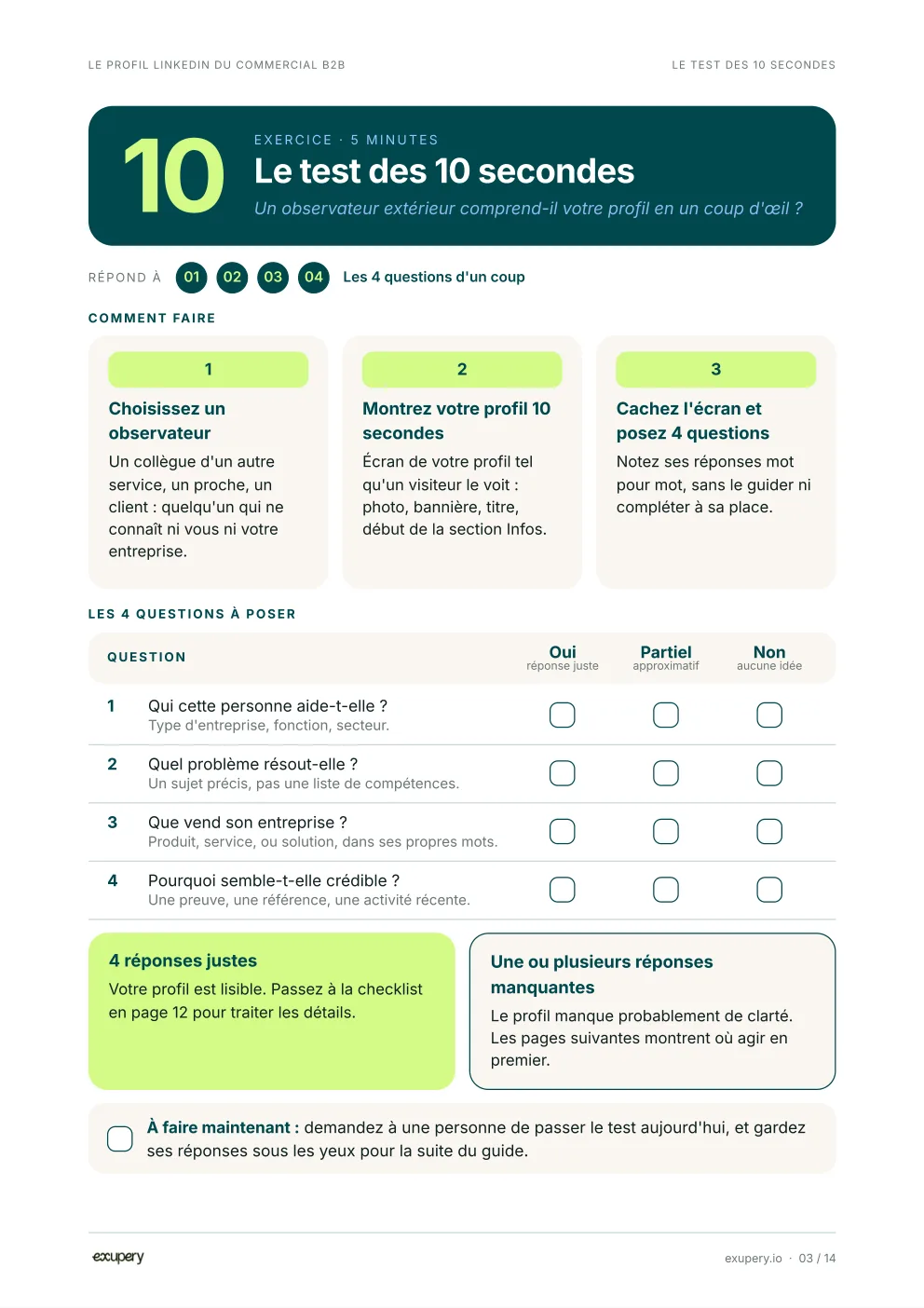 Page du guide : le test des 10 secondes, avec les 4 questions à poser à un observateur